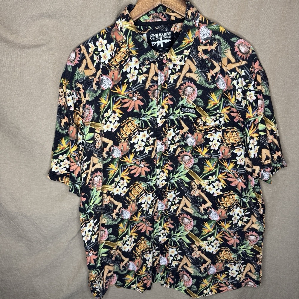 Black Rifle Coffee Company Shirt Men XL Black Airflow Aloha Hula Floral Tropical